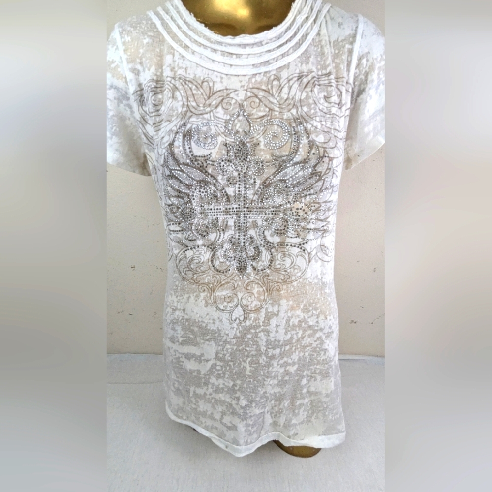 Lady Noiz White Opaque Short Sleeve Blouse Embellished Cross w/wings Medium